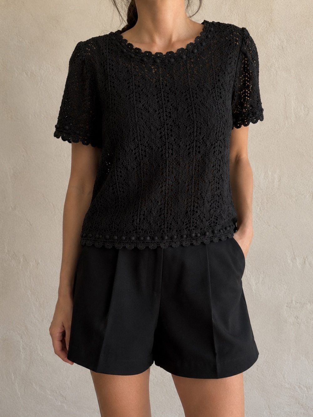 Anthropologie Black Crochet Knit Sweater Tee Boho Cottagecore Open Knit Top Larg